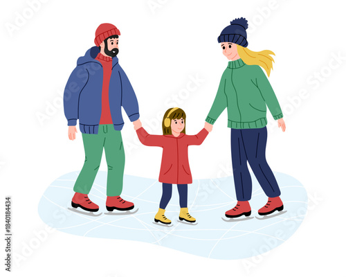 Parents and child skate together at an ice rink during winter in a fun family activity