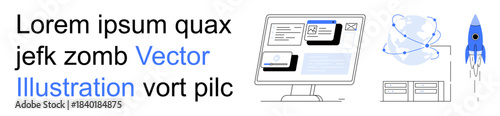 Technology, innovation, global connectivity, digital design, software development, startup concepts. Features include a computer screen, globe and rocket illustration. Technology and innovation