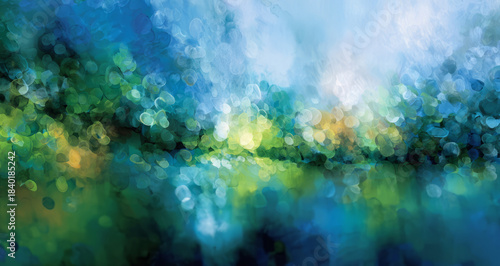 Abstract watercolor blue green bokeh nature serene mood over blurred forest and water reflection