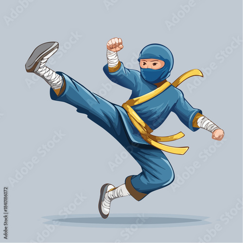 A ninja in a blue suit is doing a high kick in the air.