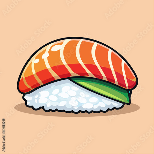 Illustration of a piece of salmon nigiri sushi with rice and seaweed on a beige background.