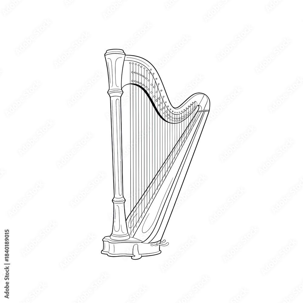 Obraz premium Hand drawn classical pedal harp sketch illustration