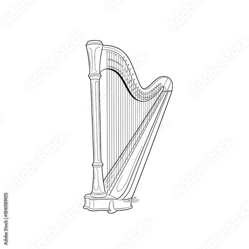 Hand drawn classical pedal harp sketch illustration