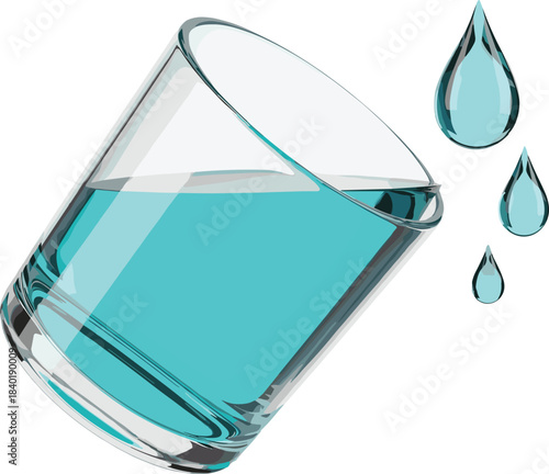 Spilling Glass with Blue Liquid, Water Droplets Motion, Transparent Tilted Cup Concept, Flat Vector Illustration, Isolated Graphic Design