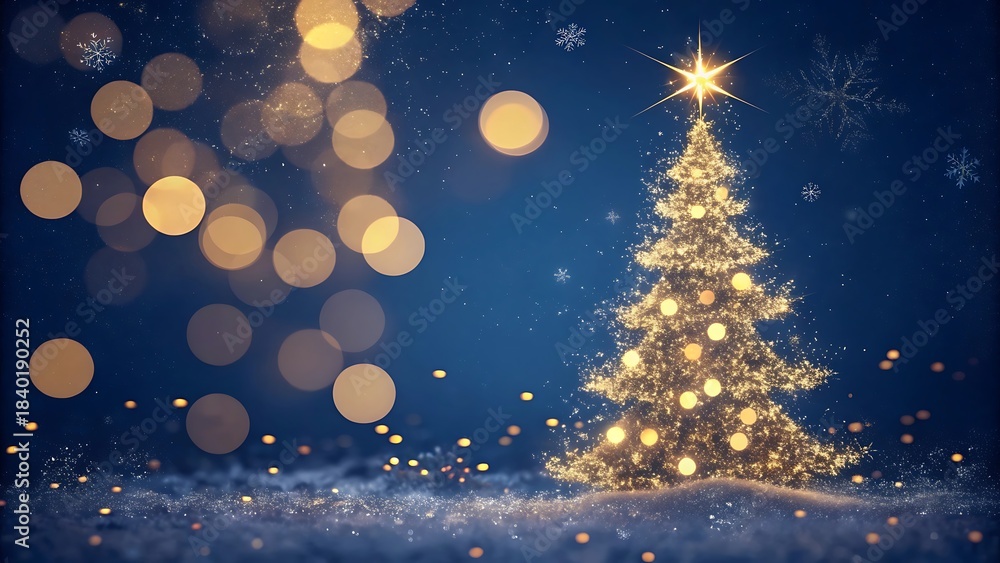 Naklejka premium Magical Glowing Christmas Tree with Golden Bokeh on Blue Background 
