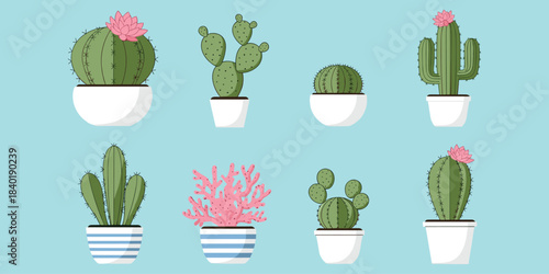 Cactus and Succulent Plant Set, Decorative Potted Collection, Botanical Home Decor Theme, Flat Vector Illustration, Isolated Graphic Elements