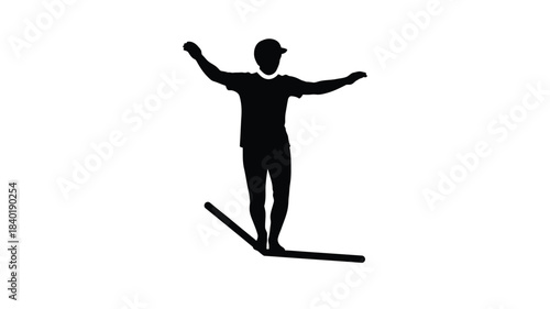 A person with arms raised standing on a surfboard black silhouette