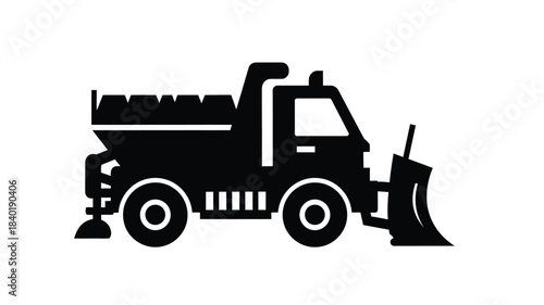 Black and white depiction of a snow plow truck a bold silhouette