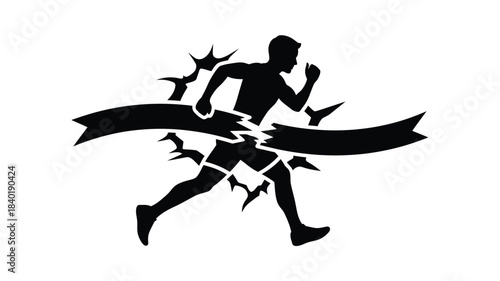 A runner breaking through a ribbon dynamic achievement in black silhouette