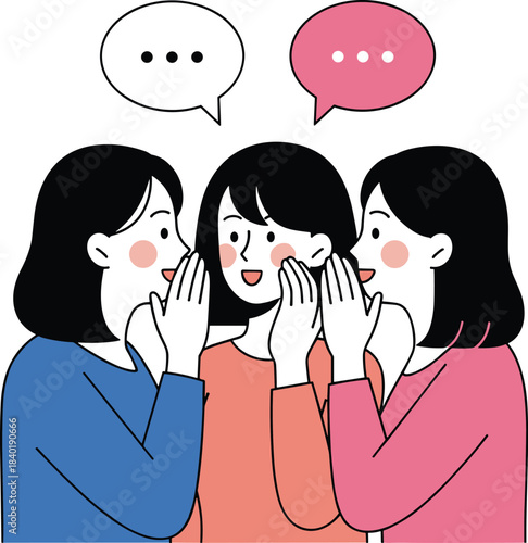 Cartoon gossip scene, whispering characters, speech bubbles, secret sharing, social interaction concept, flat vector illustration, colorful communication design