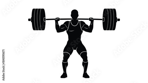 A powerful weightlifter preparing for a squat with a barbell silhouette