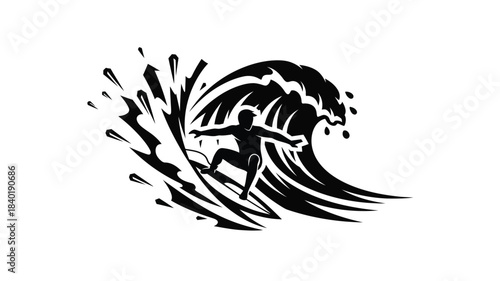 A surfer riding a powerful breaking wave dynamic black and white silhouette