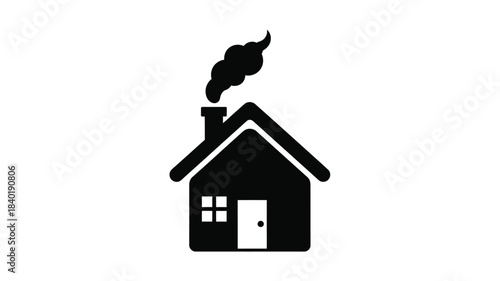 Simple house icon with a smoking chimney a stark black silhouette
