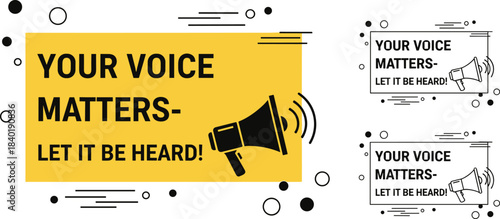Motivational message design set, megaphone icon, advocacy poster layout, bold typography, self-expression theme, flat vector art, flat vector illustration