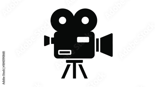 A classic film camera depicted in a bold black silhouette