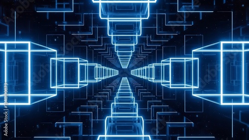 Infinite digital tunnel of glowing blue geometric shapes, representing futuristic technology and data flow.