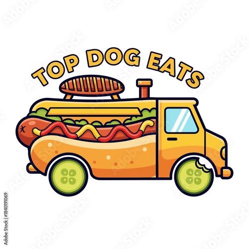 Colorful food truck serving hot dogs at a festival