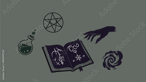 Mysterious occult ritual elements including a spell book potion and dark magic symbols floating against a muted background