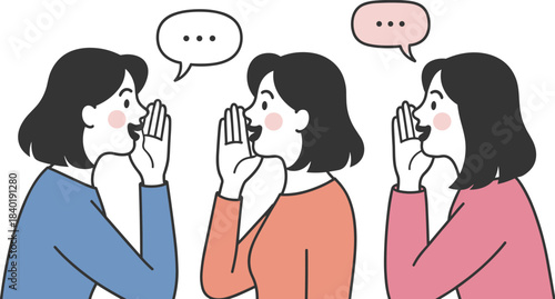 Whispering chain illustration, cartoon people, message relay concept, gossip communication, speech bubble icons, flat vector art, flat vector illustration