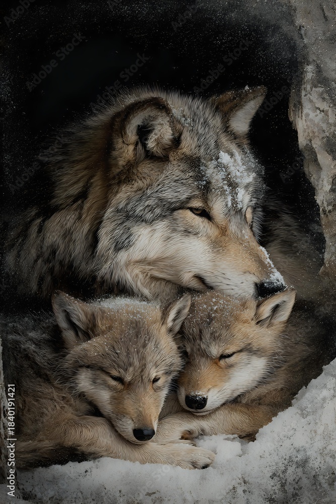 Obraz premium Gray wolf family resting in rocky den with adult and two cubs showing protective maternal behavior in natural wildlife habitat.