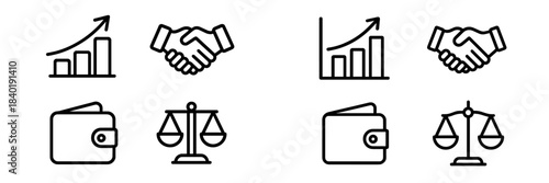 Essential business and financial icons set including growth chart, partnership handshake, wallet, and justice scale symbols