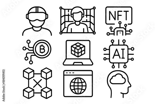 Modern digital concepts line icons set including Metaverse, NFT, Blockchain, and virtual reality