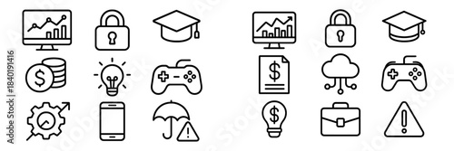 Essential collection of business, finance, technology, education, and security interface elements