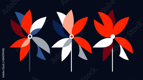 A dark blue background holds three colorful pinwheel graphics with different color combinations