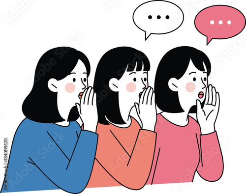 Whispering people illustration, gossip concept, cartoon communication chain, speech bubble icons, message transfer idea, flat vector illustration