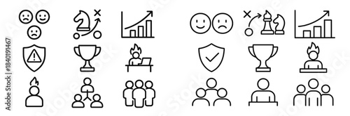 Outline icons for business success, performance growth, risk assessment, and corporate strategy