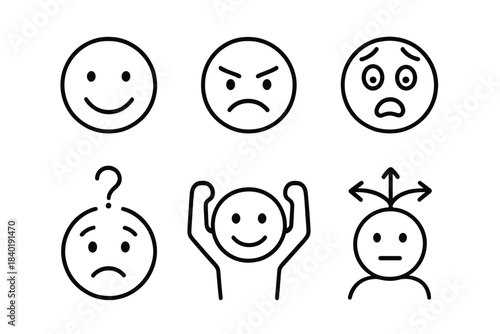 Collection of simple black and white line icons showing various human emotions and mental states