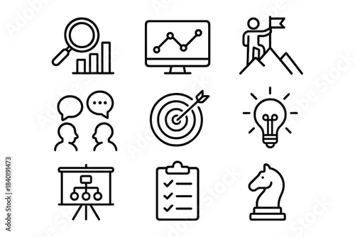 Set of business strategy planning icons for analysis goals achievement and communication