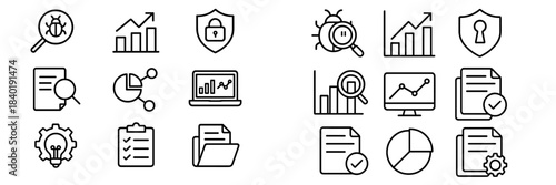 Essential business, data analysis, security, and technology symbols collection