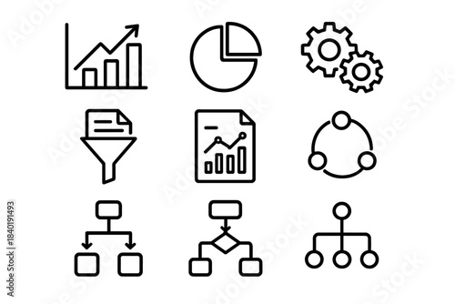 Outline icons set for business analysis, data processing, charts, gears, flowcharts, and filtering