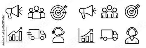 Essential business marketing logistics and customer support outline symbols