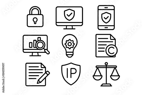 Digital security, intellectual property, legal compliance, data analysis, and innovation outline icons