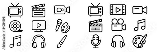 Media and entertainment symbols including film, music, and art production equipment