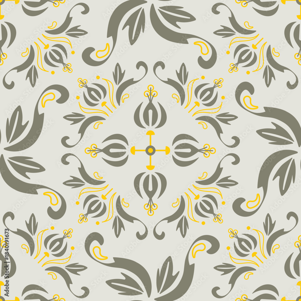 Fototapeta premium Elegant floral seamless pattern with modern ornamental motifs, soft neutral tones and artistic decorative elements ideal for wallpapers, fabrics and premium prints