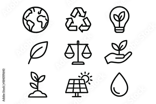 Outline symbols representing ecology, environment, sustainability, and green energy