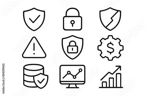 Outline symbols for data security, financial growth, business analysis, and protection concepts