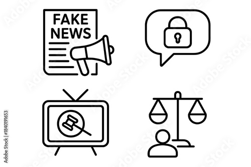 Set of line icons representing legal rights, media communication, security, and misinformation