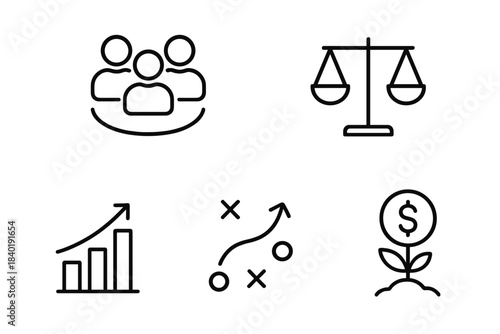 Essential outline concepts for business strategy, financial investment, team management, and legal balance