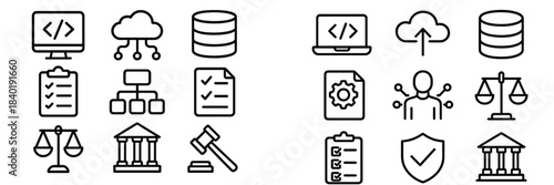 Collection of essential business technology and legal icons including coding, cloud data, database, security, and justice symbols