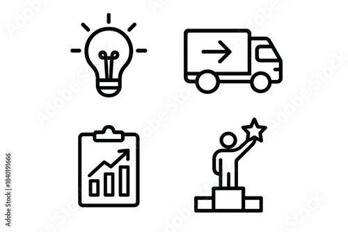 Business icons representing innovation, delivery, financial growth, and success achievement