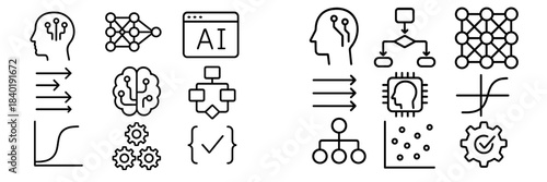 Artificial Intelligence and Machine Learning concepts: neural networks, data processing, algorithms
