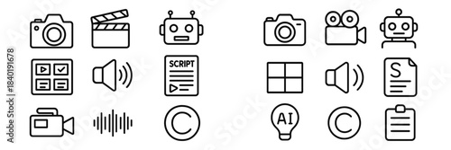 Technology and creative industry symbols covering film, audio, robotics, and copyright