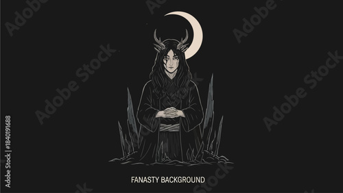 Mysterious dark fantasy character with antlers sits calmly beneath a glowing crescent moon in a brooding, monochromatic scene perfect for gothic design