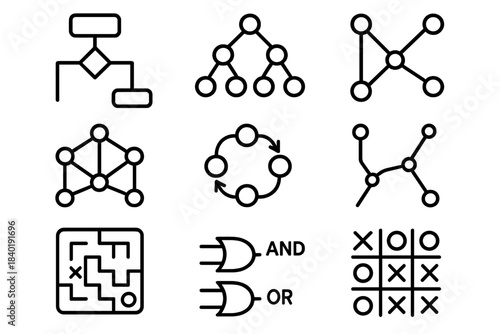 Outline icons set for algorithms, data structures, flowcharts, and logical processes