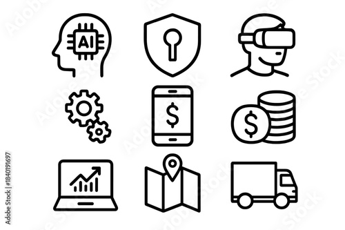 Modern business and technology concepts including finance, security, logistics, and artificial intelligence