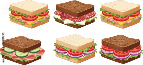 Sandwich variety set, white and brown bread, fresh ingredients, food illustration, lunch menu concept, flat vector illustration